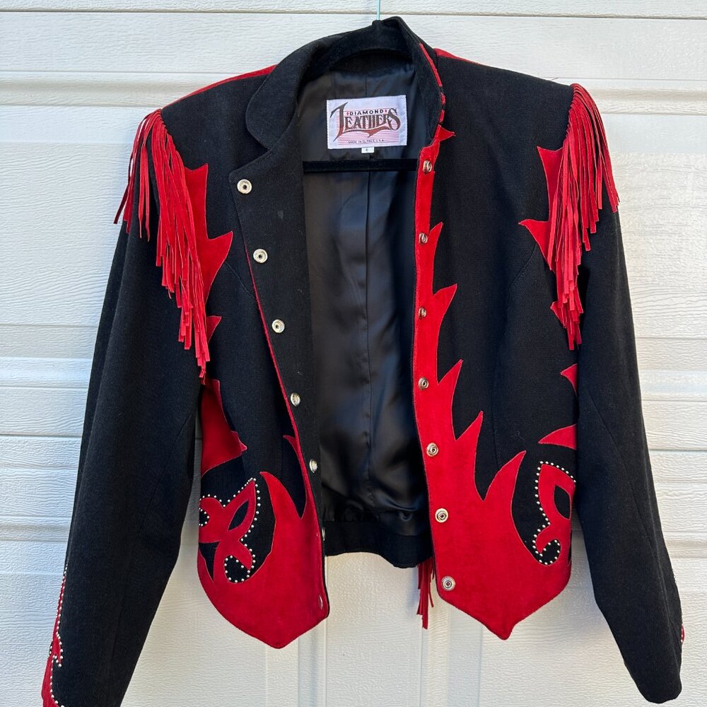 Vtg Western Suede Jacket Coat Tassels Fringe Red Black Corduroy Diamonds Leather - Picture 13 of 15